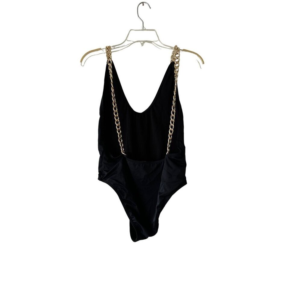 PrettyLittleThing Black One-Piece Swimsuit With Gold Chain Straps - Picture 5 of 8